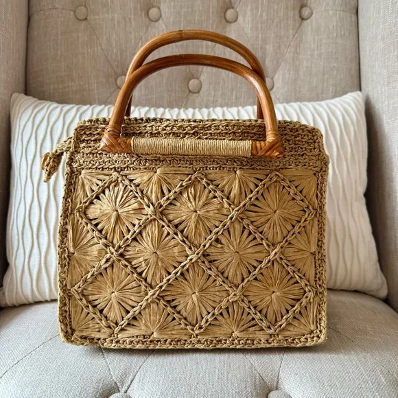 Fossil Vintage Straw Raffia Handbag Floral Lining Wood Handles - Picture 3 of 9
